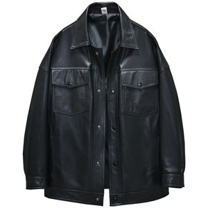 
Top layer sheep genuine leather leather jacket for men and women young lapel loose silhouette casual off-shoulder denim leather jacket