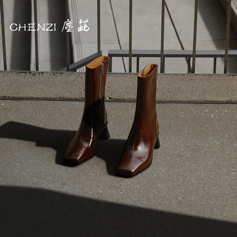 CHENZI塵茈孟加拉牛皮设计师复古粗高跟棕色靴子女秋冬中筒方头靴