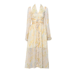 
DPLAY new autumn yellow French dress women's popular long skirt temperament holiday long skirt