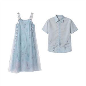 
Niche design couple's clothing summer 2026 Korean style short-sleeved shirts for men and women French style one skirt and one trendy dress
