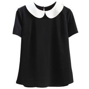
Summer doll neck chiffon shirt for women short-sleeved large size loose slim black versatile fashionable fat MM top design sense