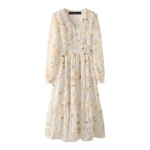 
La Chapelle French V-neck Floral Dress for Women 2025 Spring New Chiffon Long Skirt