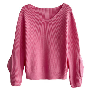 
Fashionable sweet pink sweater for women, loose slim long-sleeved V-neck pullover knitted sweater, autumn and winter fashionable versatile top