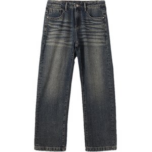 
DAL American whiskering cement gray straight-leg jeans for men, loose, washed, distressed, retro, drapey, floor-length wide-leg pants