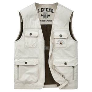 Pure cotton worker vest men's spring and autumn multi -pocket vests in the old age outdoor fishing photography without collar shoulder jacket