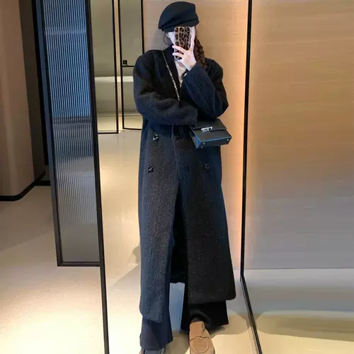 Длинное черное цветное демисезонное шерстяное пальто, изысканный стиль, длина макси