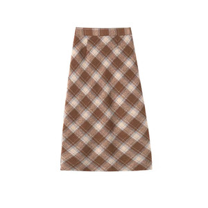 
Brown wool plaid skirt for women autumn and winter plus size fat mm high waist slim pear-shaped figure mid-length a-line skirt
