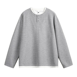 
Wukong is in stock, retro solid color fake two-piece spliced Henry collar long-sleeved T-shirt for men and women, autumn couple pullover tops