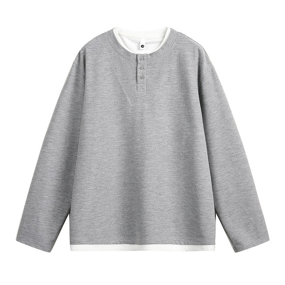 
Wukong is in stock, retro solid color fake two-piece spliced Henry collar long-sleeved T-shirt for men and women, autumn couple pullover tops