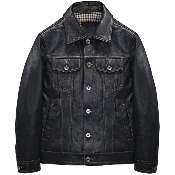
Top layer goat genuine leather leather jacket for men and women slim short youth lapel simple casual denim jacket jacket