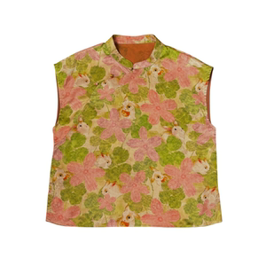 
Qinyue New Chinese Style Women's Wear 100 Mulberry Silk Red Cloud Yarn Jade Rabbit Summer National Style Silk Stand Collar Bag Shoulder Sleeve Top