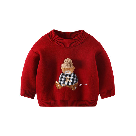 
Boys' sweaters, autumn and winter red New Year's greetings, baby boys' knitted sweaters, velvet children's winter clothes, baby girls' bottoming shirts