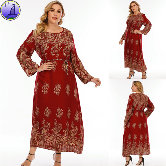 Plus Size Women Vintage Ethnic Style Long Sleeve Maxi Dress