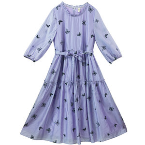 [60% off] Reminiscing the old round neck dress for women 2025 summer butterfly embroidered long skirt high waist lace-up nine-point sleeve skirt