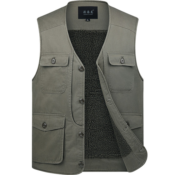 
Winter thickened velvet warm vest for middle-aged and elderly men daddy vest grandpa multi-pocket button vest