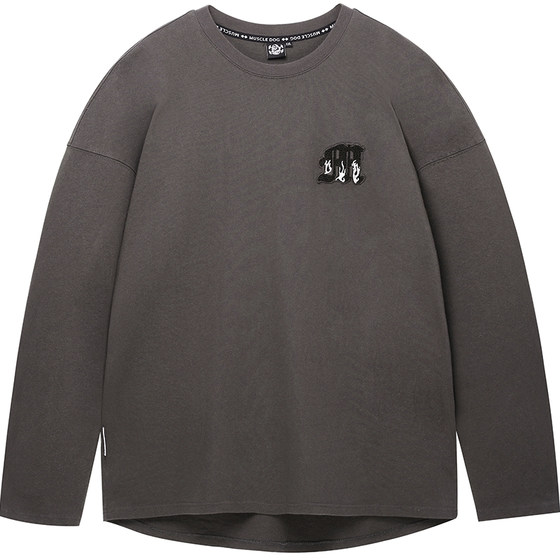 
Muscle Dog Sports T-shirt Men's Long Sleeve Fashion Heavy Industry Dumbbell Embroidered Round Neck Loose Casual Training Fitness Wear