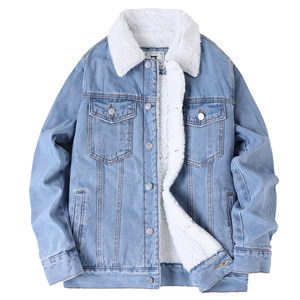 
American retro denim jacket for men in autumn and winter, plus velvet and thickened lamb wool cotton clothing, trendy slim denim jacket