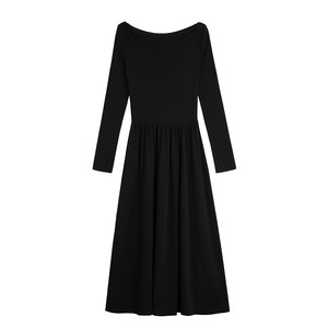 
MULVAN gray one-shoulder knitted dress with long sleeves autumn new high-end temperament off-shoulder A-line long skirt