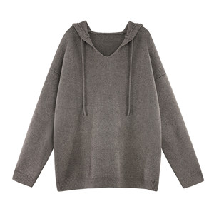 Neva hu black hooded V -neck sweater, autumn new temperament, loose casual laziness, knitted shirt
