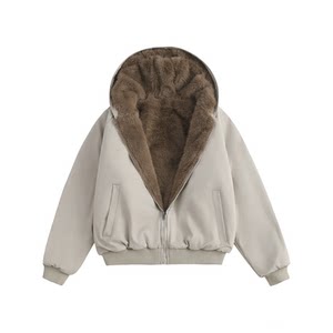
Gezi American double-sided cotton coat in winter thickened lamb velvet fur cotton jacket with mountain sculpture couple hooded cotton coat for men