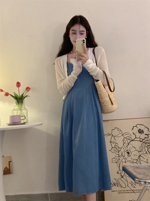 taobao agent Summer universal slip dress, denim dress, knitted shawl, set, plus size, fitted, maxi length, long sleeve