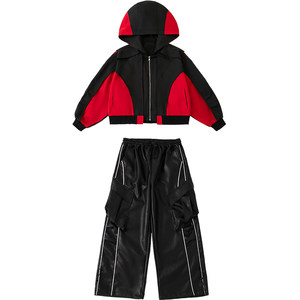 
Children's hip-hop hip-hop trendy clothing for boys and girls cool jacket and leather pants suit hiphop drum set catwalk performance clothing