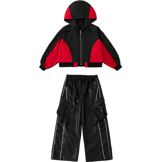 
Children's hip-hop hip-hop trendy clothing for boys and girls cool jacket and leather pants suit hiphop drum set catwalk performance clothing