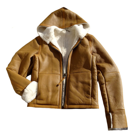 
Foreign trade export adjustable 2-use cuffs with inner pockets Australian original ecological sheepskin one-piece hooded leather jacket for men and women