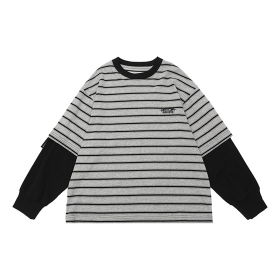 
Boys' long-sleeved T-shirt 2026 spring new style medium and large children's striped top pure cotton bottoming fake two-piece children's T-shirt
