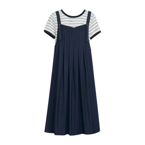 
Maternity dress summer 2026 new Korean style royal blue loose fake two-piece thin short-sleeved A-line skirt mid-length
