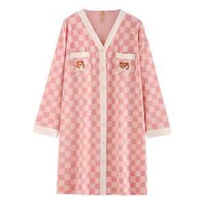 Jialefen's nightdress Women's pajamas spring and autumn long -sleeved cotton thin cotton shirt long shirt large size casual