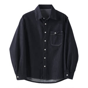 
LUUD trendy original color washed denim jacket men's spring top-stitched triangle patch pocket long-sleeved shirt