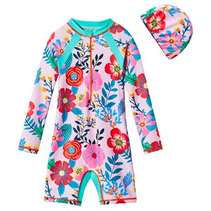 
askSwimming Cap Girls Swimsuit 2025 Summer Medium and Big Children Fully Printed Long-Sleeved One-piece Swimming Trunks