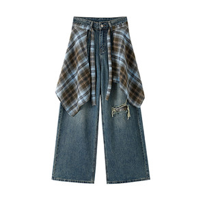 
Extra large size women's fat mm retro high-end wide-leg jeans women's high-waisted straight-leg draped lazy-style long pants