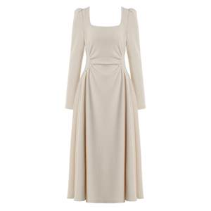 
DPLAY white dress women's spring temperament French retro square neck waist long skirt temperament long skirt