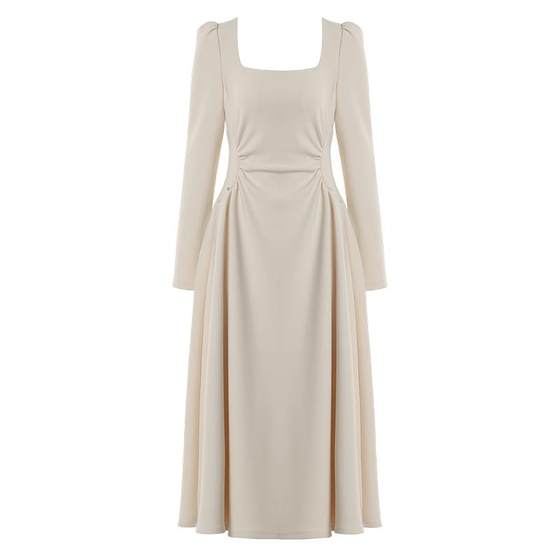 
DPLAY white dress women's spring temperament French retro square neck waist long skirt temperament long skirt