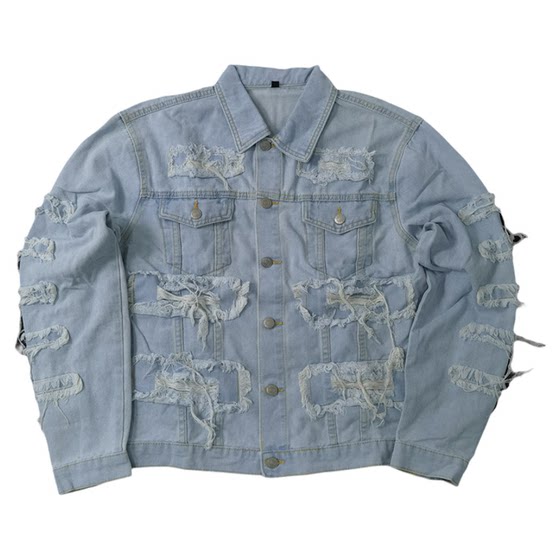 
Short street trendy heavy industry brushed destroyed washed light blue denim lapel jacket jacket Y459 free shipping for men