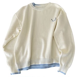 College style contrasting fake two-piece round neck sweater for women 26 autumn and winter design letter embroidered loose sweater top