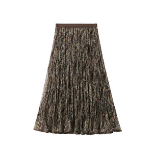 
Rongmei Wind-blown Wave Skirt Old Time Printed Elastic Waist Large Swing Mid-length Skirt for Women 26 Summer
