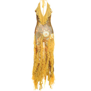 Kliou hot girl wind gold printed V -neck dressing dress female ruffled splicing splicing splicing sloping slim mid skirt
