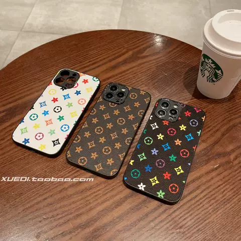 Luxury Monogram Frosted Leather Hard Case – Classic Brown & Colorful LV Style Phone Case for iPhone 13 – 17