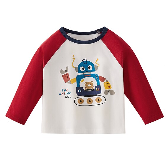 
[7A antibacterial] Early spring boys' contrasting color long-sleeved T-shirt children's 1 cute printed round neck top baby spring clothes for boys
