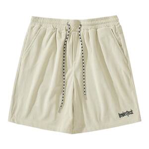 Men's vertical striped texture casual shorts summer straight loose embroidered drawstring elastic waist five-point sports pants