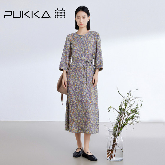 蒲PUKKA 亚麻印花连衣裙2024夏季新品收腰圆领H型显瘦连衣裙