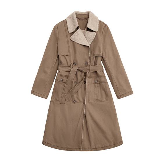 
Madden mid-length double-breasted waist trench trench coat imitation lamb wool coat cotton thick coat women autumn and winter