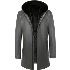 
Dark gray top layer cowhide men's genuine leather jacket Nickel hooded parka mink inner liner business casual leather coat