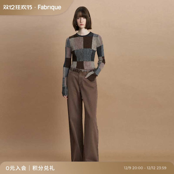 Fabrique拼色方格美利奴绵羊毛修身正肩圆领针织衫女2024冬季新品