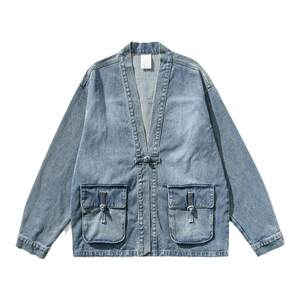 Chinese style men's loose large -scale robe men's medium retro plate buckle outer sleeve long -sleeved denim jacket Tang clothing stands up
