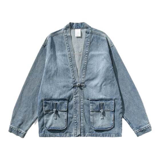 Chinese style men's loose large -scale robe men's medium retro plate buckle outer sleeve long -sleeved denim jacket Tang clothing stands up
