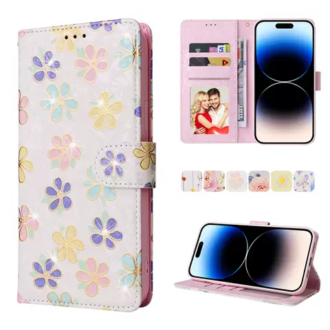 Charming Glitter Pastel Floral Print Folio Wallet Stand Phone Case